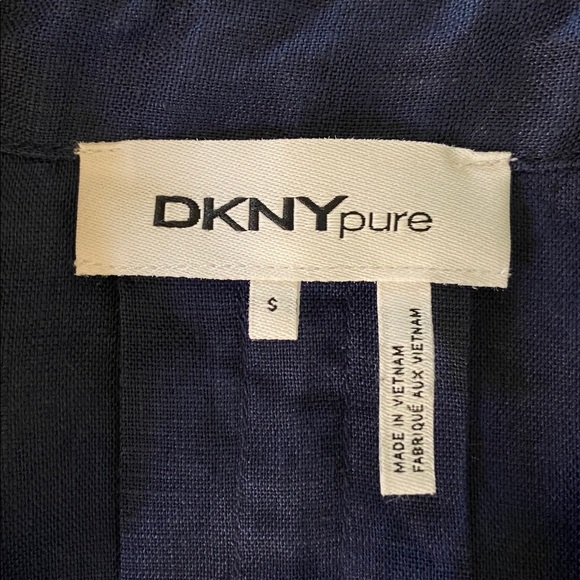 DKNY pure color block Navy and White linen collared shirt sleeve blouse - Picture 5 of 6